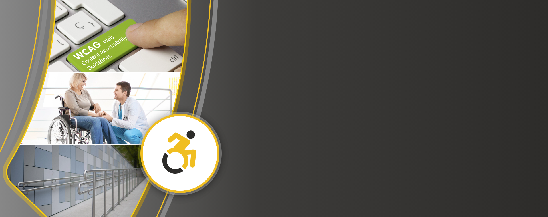 Logo Fundacji, w tle zdjęcia z udogodnieniami dla osób z niepełnosprawnościami